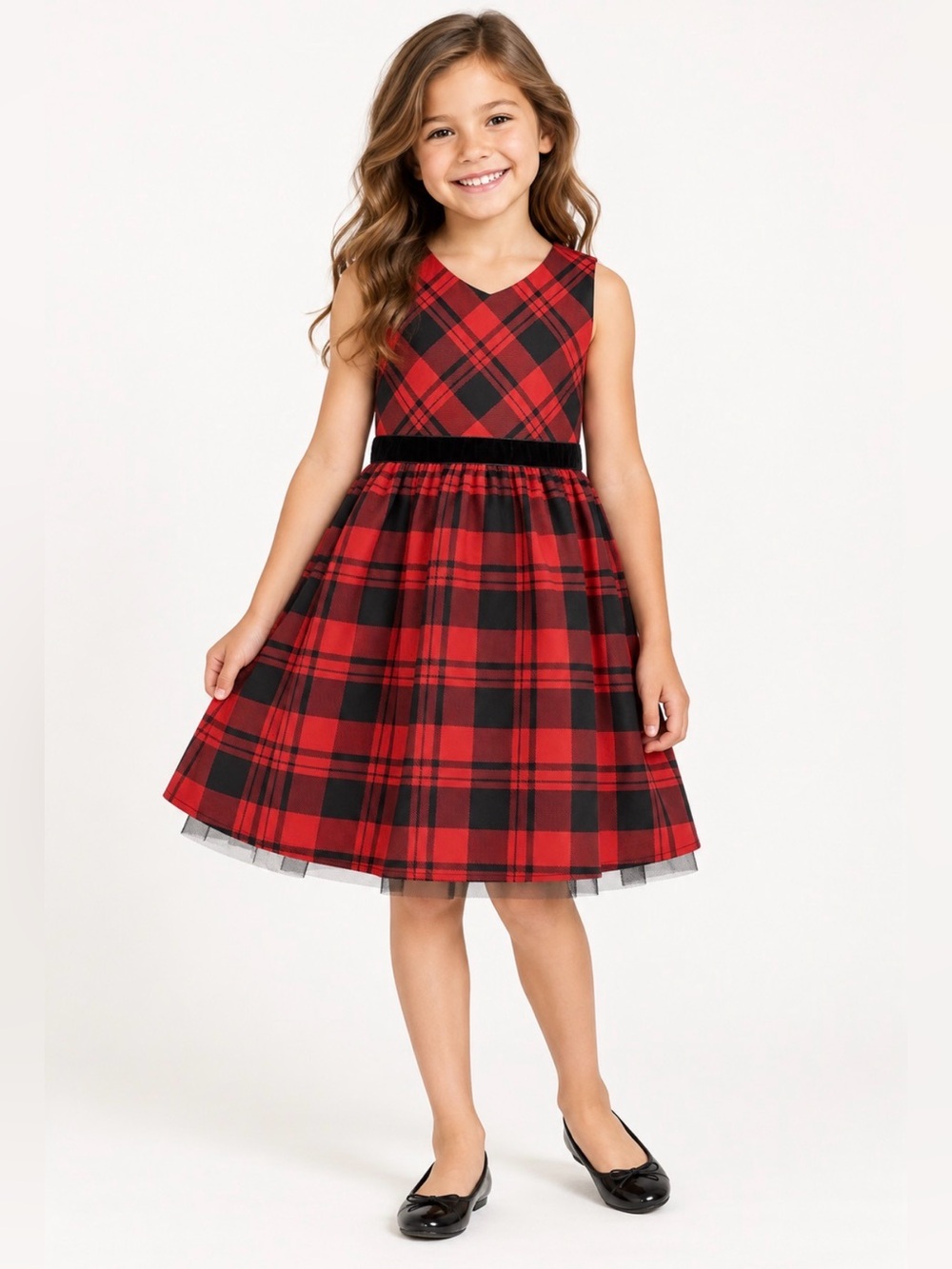 Cat & Jack Red and Black Plaid Velvet-Waist Party Dress